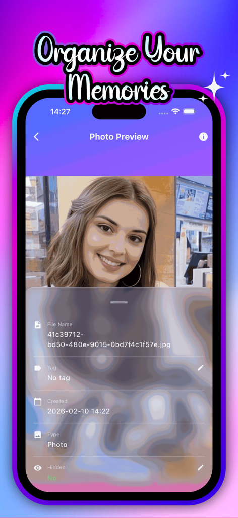 Tokut mobile app interface showing a photo preview with file information and metadata under the heading Organize Your Memories