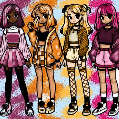 one girl with crop-top shirt and a jacket with a skirt, long socks and another girl with a shirt and pants with a jacket