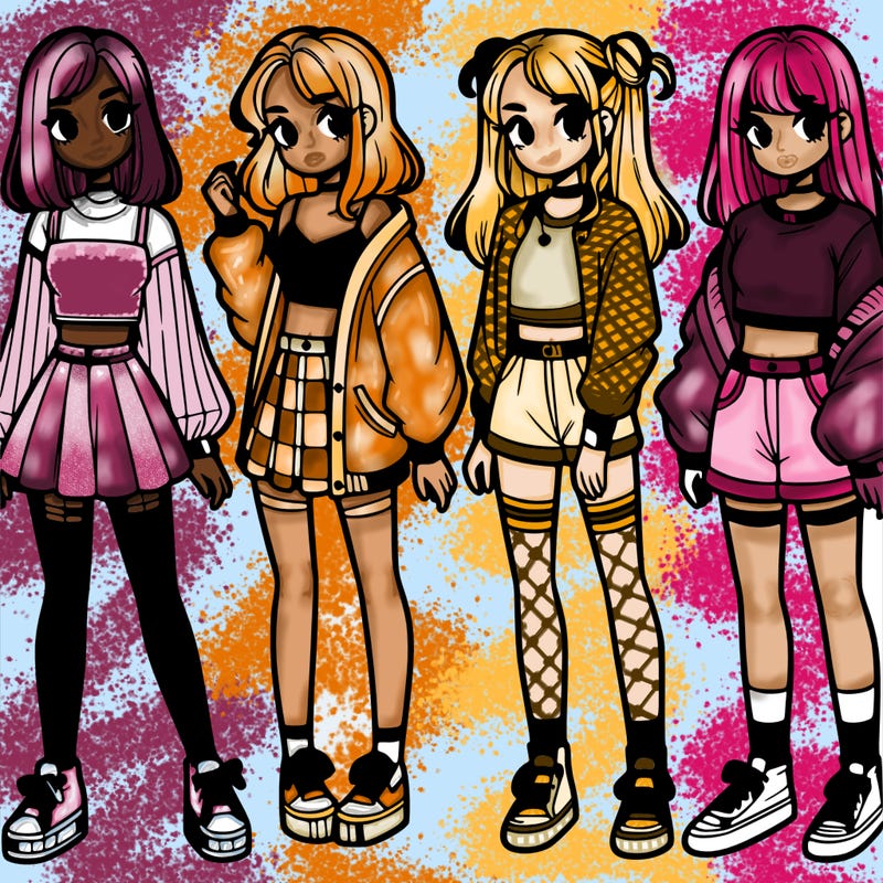 one girl with crop-top shirt and a jacket with a skirt, long socks and another girl with a shirt and pants with a jacket