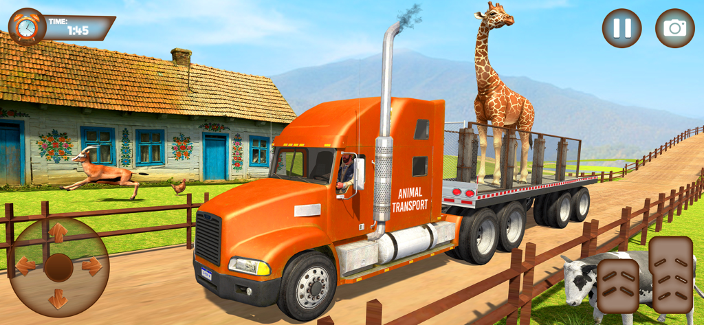 Animal Games : Truck Simulator - An orange semi truck transporting a giraffe past a farmhouse in a 3D animal simulator game.
