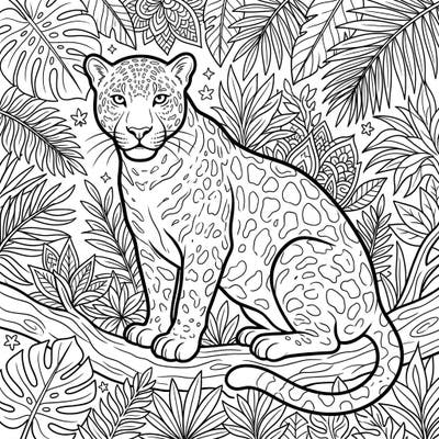 Unleash your creativity with this stunning black panther coloring page, specially designed with clear, bold lines for seniors. Explore a dense jungle scene, perfect for a calming and engaging artistic experience.