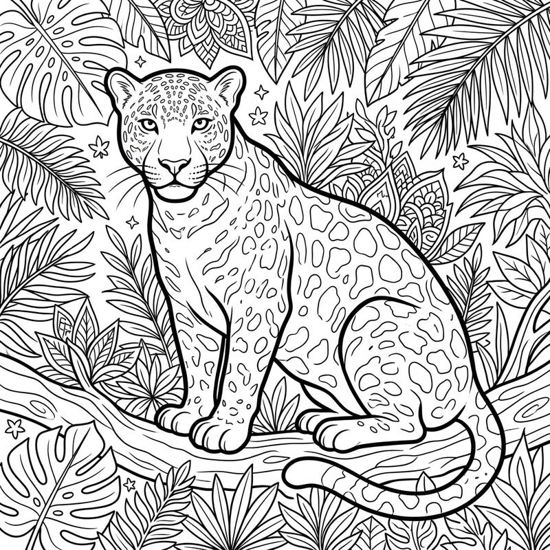 Unleash your creativity with this stunning black panther coloring page, specially designed with clear, bold lines for seniors. Explore a dense jungle scene, perfect for a calming and engaging artistic experience.