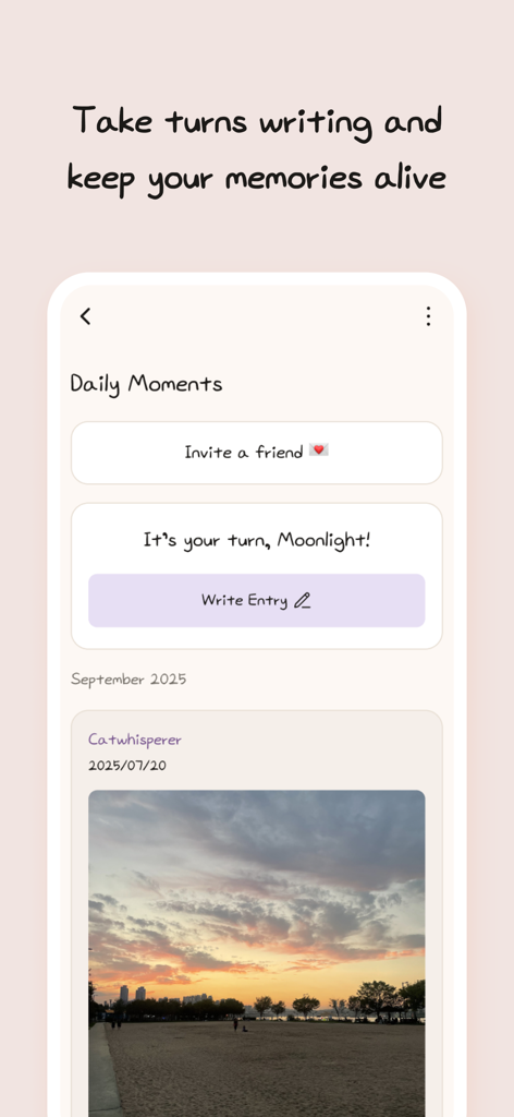 일몰 사진과 새로운 항목 작성을 위한 프롬프트가 있는 공유 일기를 보여주는 Diaring 앱 인터페이스