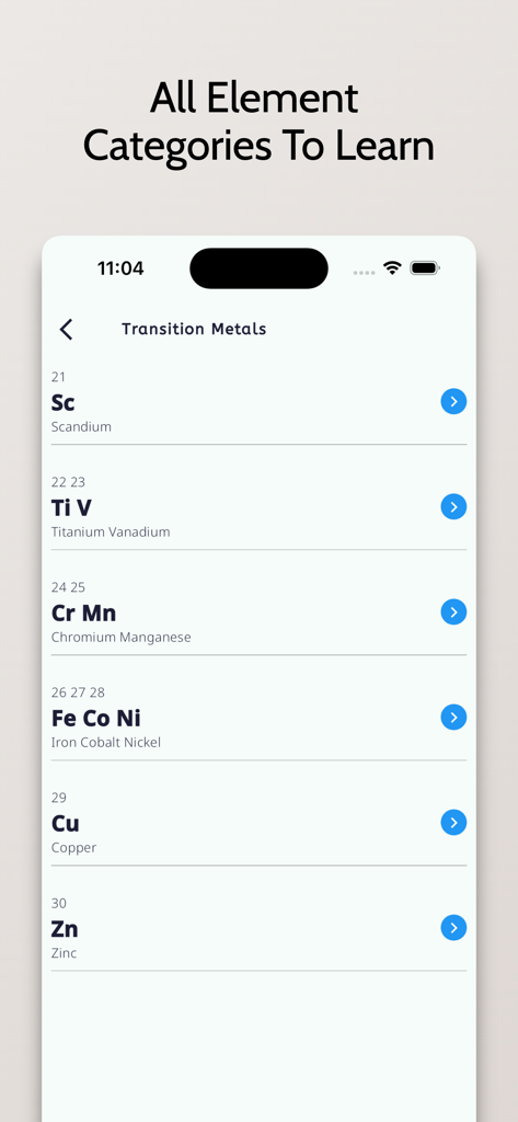 Periodic Table: 2025 Chemistry - Mobile app screen displaying transition metals list with element symbols and names