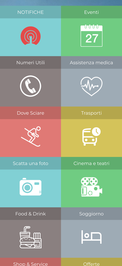 Main menu of the infoFassa and Fiemme app displaying icons for events skiing transport medical assistance and dining services