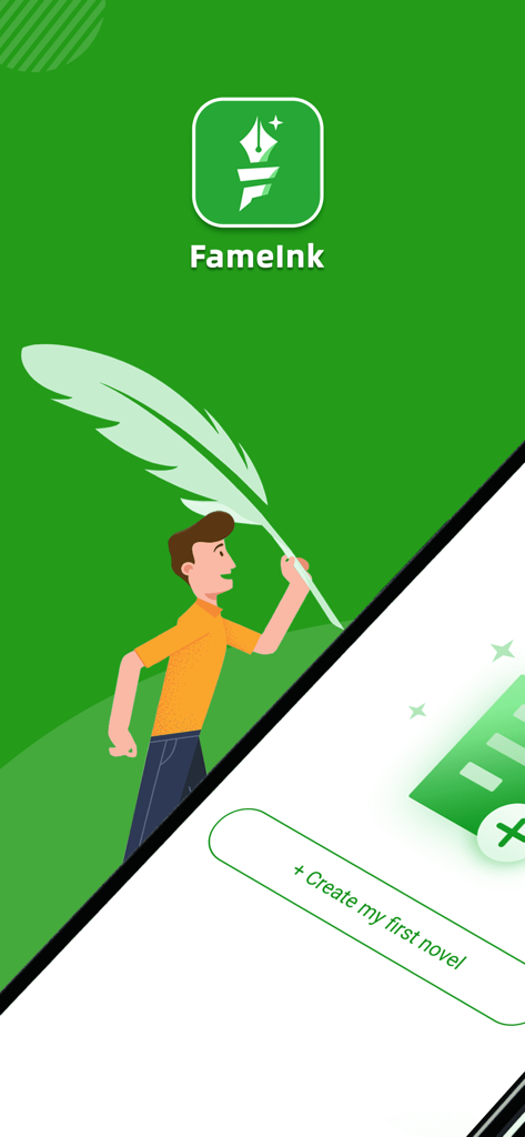 FameInk - Interface de l'application mobile FameInk avec une illustration d'un écrivain et un bouton Créer mon premier roman