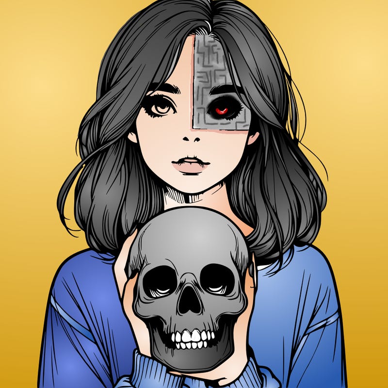 realistic girl holding a skull