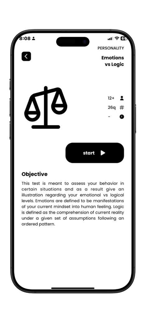 Personality Enneagram: IQ Test - 感情対論理性格テストのモバイルアプリ画面。バランススケールのアイコンと開始ボタンが表示されます。
