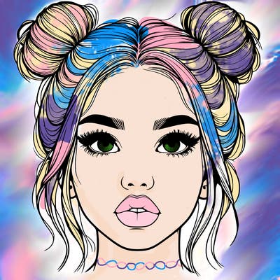 realistic girl with two buns on her hair and lips
