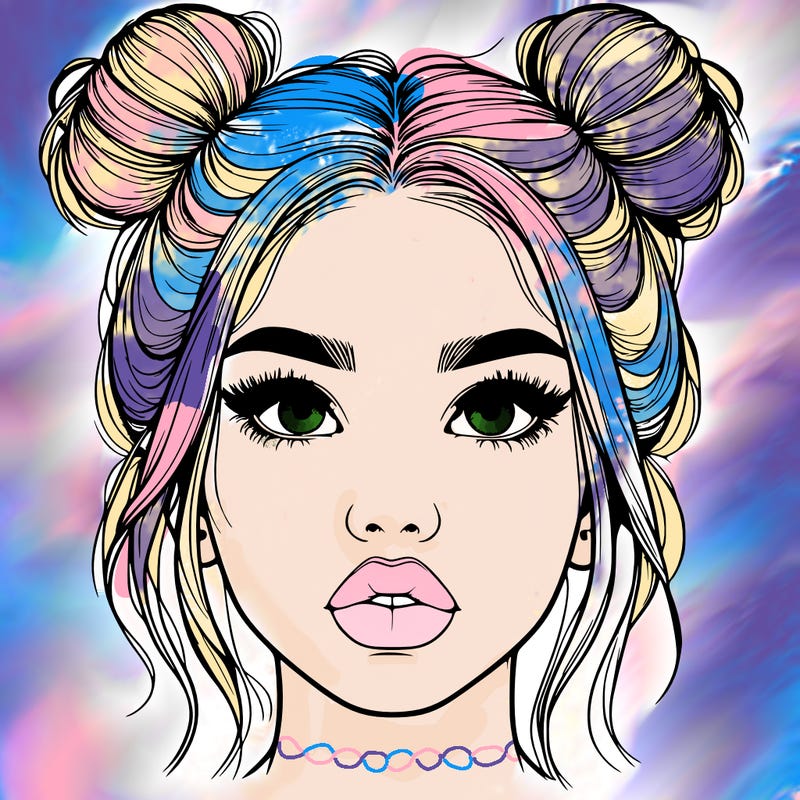 realistic girl with two buns on her hair and lips