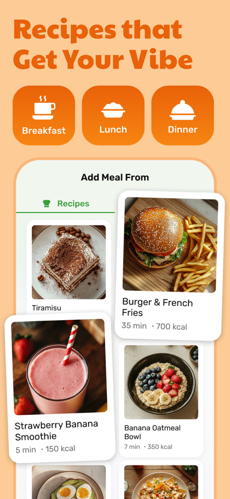 Calorie Counter - Eatwise AI - Interface do aplicativo Eatwise AI mostrando uma seleção de receitas com contagem de calorias e tempos de preparo.