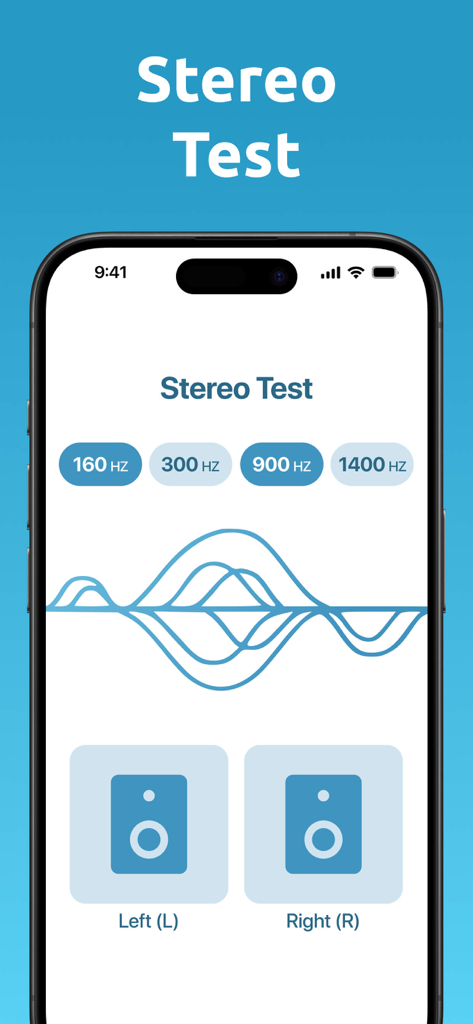 Clear Wave ‒ Water Eject - Interface of the Clear Wave app showing the stereo speaker test with frequency options and left and right speaker controls.