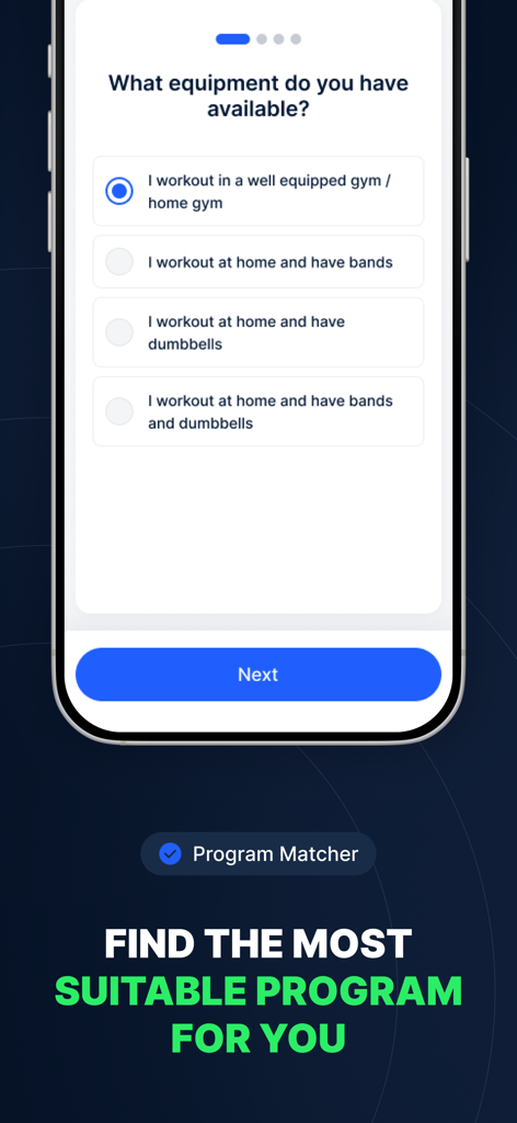 Fit For Golf 2.0 - Fit For Golf 2.0 app screen showing equipment selection for the Program Matcher feature.