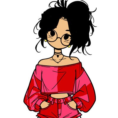 girl with a messy ponytail glasses a baggy crop top and jean shorts