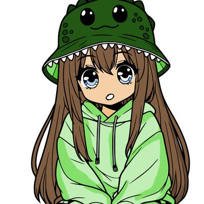 girl with anime shaped eyes with a dinosaur bucket hat oversized sweatshirt long straight hair