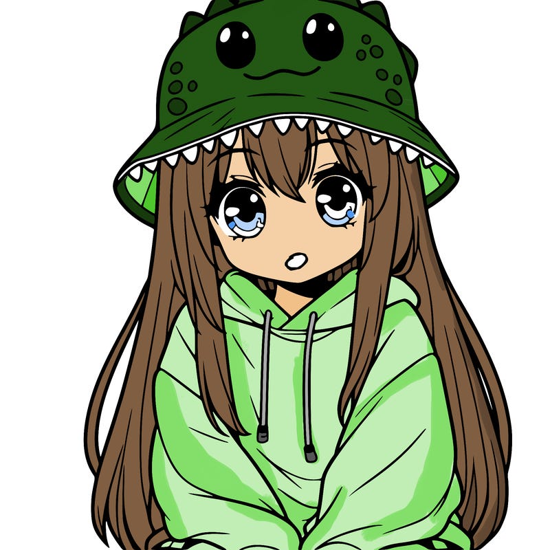 girl with anime shaped eyes with a dinosaur bucket hat oversized sweatshirt long straight hair