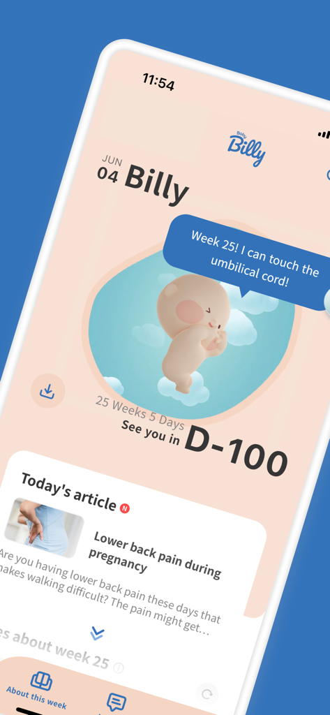 Baby Billy app screen showing pregnancy progress at week 25 with a cute fetus illustration and lower back pain article