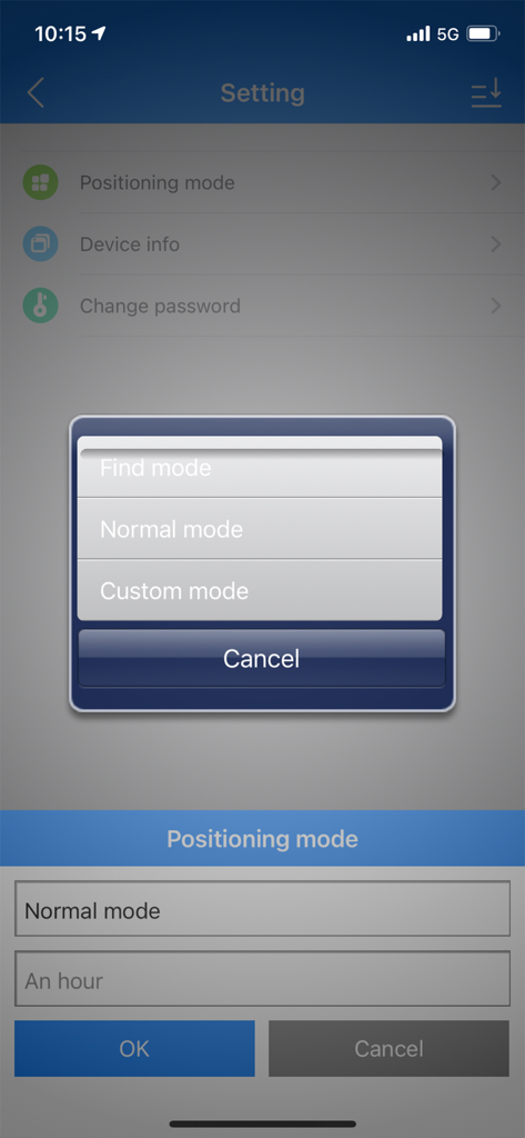 AHGUEPGPS - AHGUEPGPS app settings screen showing a selection menu for positioning modes including find normal and custom modes