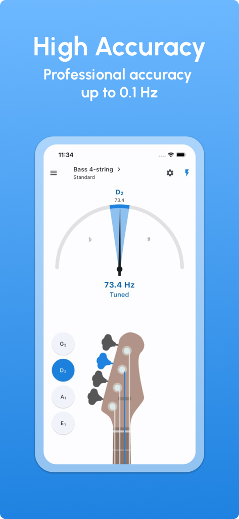 Bass Tuner - LikeTones - Interface de l'application Bass Tuner LikeTones montrant un accordage de haute précision pour une guitare basse à 4 cordes