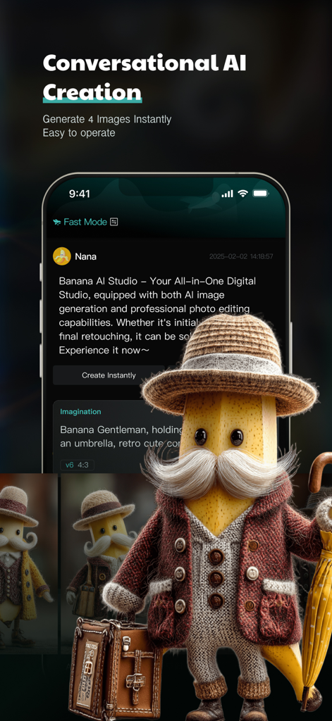Banana Studio: Al Image Editor - Banana Studio app interface displaying conversational AI image generation of a gentleman banana character.