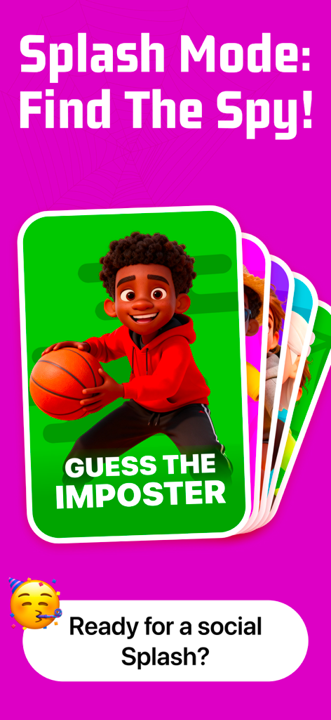 Imposter Spy Game - WhoIsSpy - Una captura de pantalla de la aplicación WhoIsSpy mostrando el menú del modo Splash con tarjetas de personajes y una indicación para adivinar al impostor