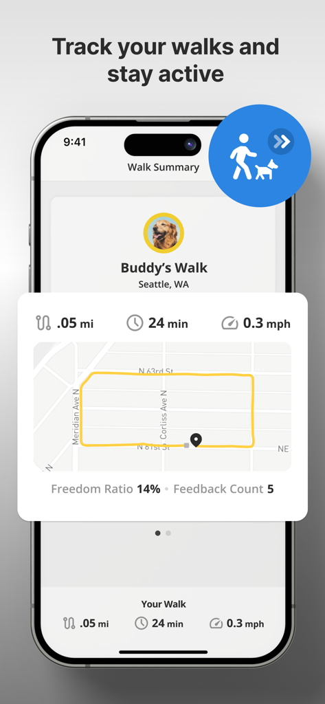 Halo Collar - Schermata dell'app Halo Collar che mostra un riepilogo della passeggiata del cane con mappa GPS e metriche di attività.
