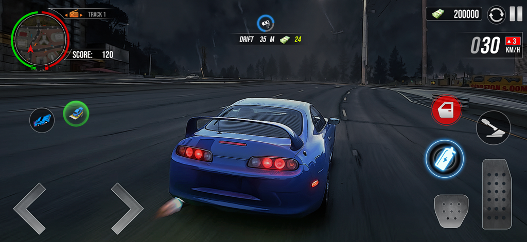 Car Drifting Night Driving - A blue sports car drifting on a dark highway at night in a mobile driving simulator