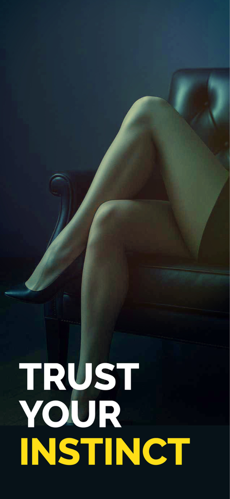 Instinct: Casual Dating App - A woman sitting on a leather chair with the text Trust Your Instinct