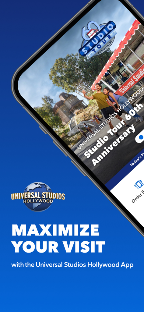 Universal Studios Hollywood app promotional screen featuring the 60th anniversary studio tour and a call to maximize your visit.