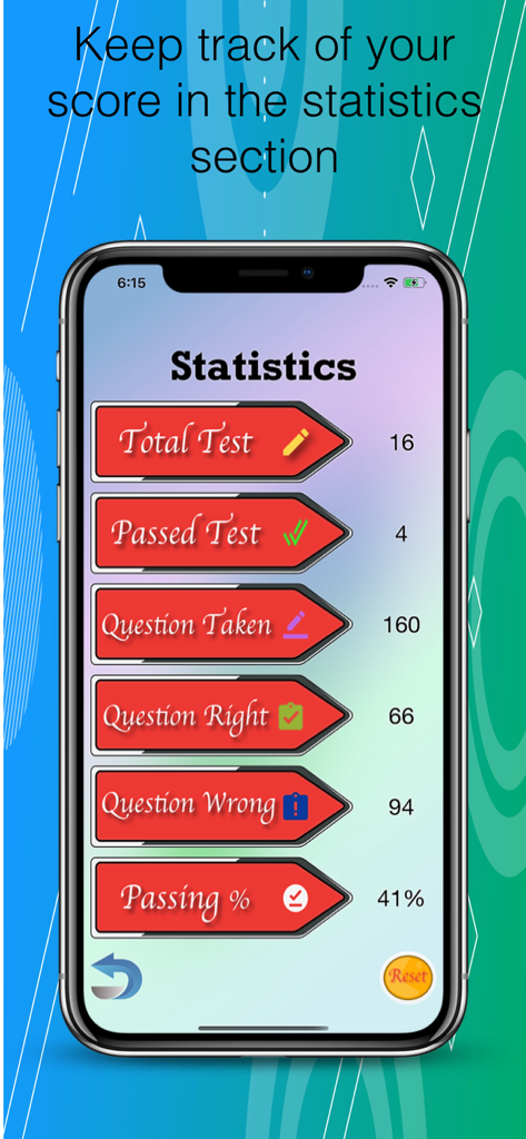 USA Citizenship Test 2026 - テストの進捗状況と合格率を表示する統計画面。