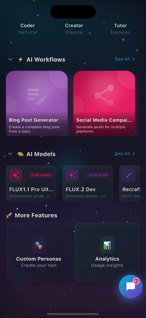 ChatAgent AI Chat Ask Anything - Painel do aplicativo ChatAgent com fluxos de trabalho de postagens de blog e mídias sociais, além de vários modelos de IA.