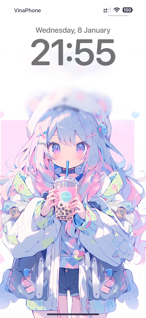 Cool Anime Wallpaper - Affichage d'écran de verrouillage iPhone avec une jolie fille anime tenant du thé boba comme fond d'écran