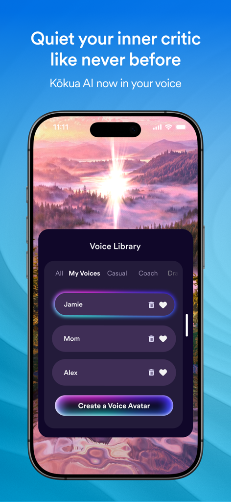 TRIPP App-Screenshot, der die Kokua KI-Stimmenbibliothek und die Funktion zur Erstellung von Sprachavataren zeigt.
