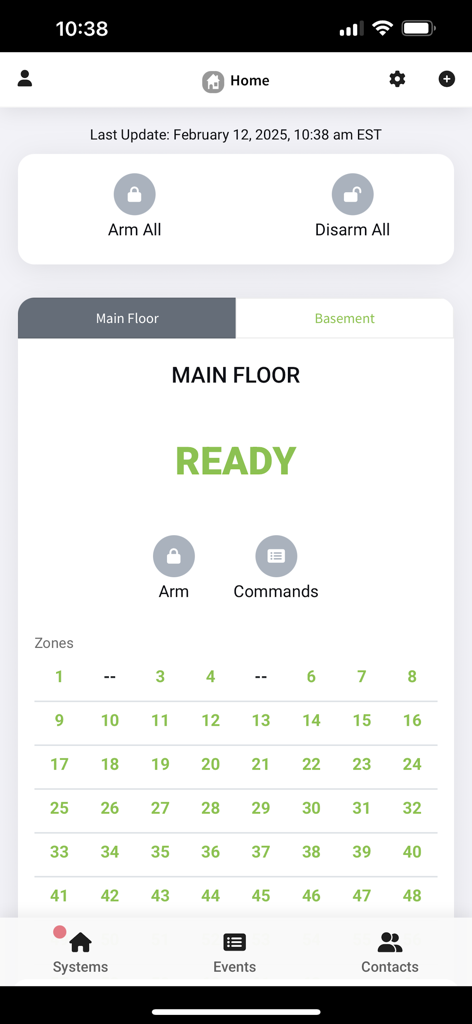 EyezOn Mobile - EyezOn Mobile app dashboard showing home alarm system status and zone monitoring screen