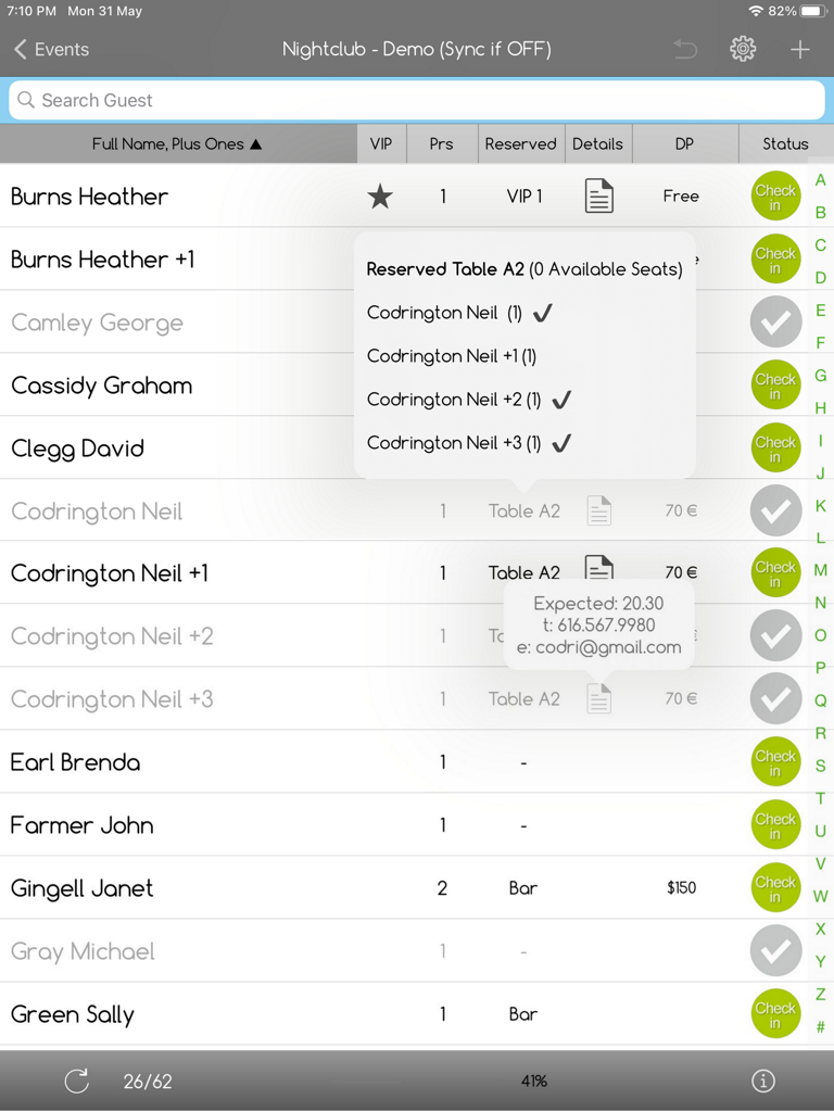 iPad interface of e-GuestList app showing a guest list with table seating assignments and check-in status