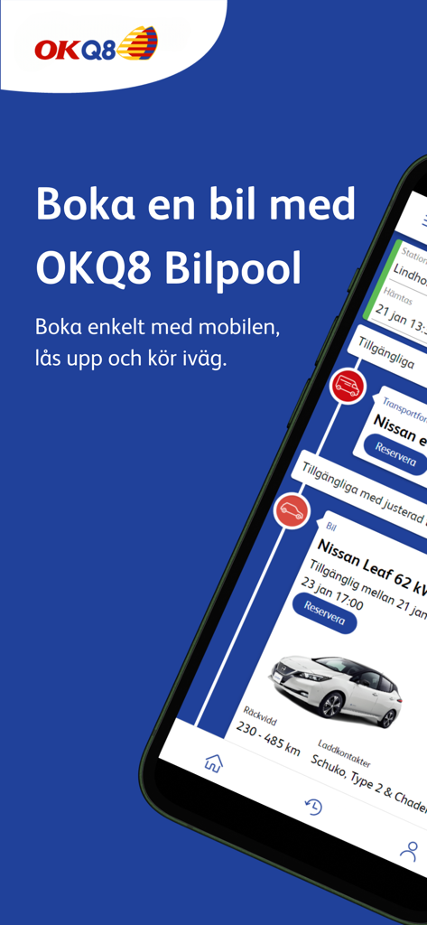 Mobile Benutzeroberfläche der OKQ8 Bilpool App, die Elektroauto-Optionen zur Buchung und Reservierung anzeigt