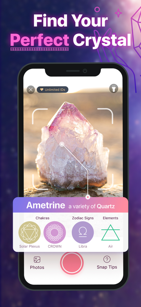 A smartphone screen showing the Healing Pal app identifying an Ametrine crystal with its chakra and zodiac properties.