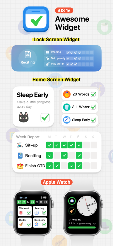 Showcase of iBetter habit tracker widgets for iOS home screen lock screen and Apple Watch interface