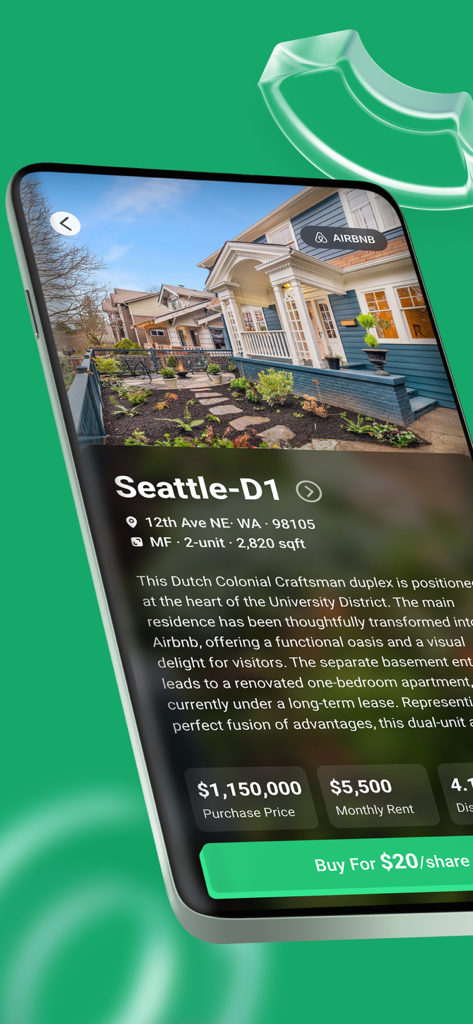 Ark7: Real Estate Investing - Ark7 app screen showing a Seattle property listing with twenty dollar fractional shares