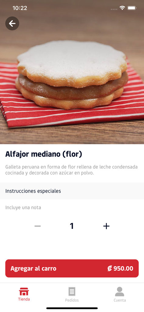 Spoon CR - Spoon CR app screen showing an Alfajor mediano cookie product detail page with price and add to cart button
