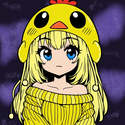 anime girl with chick shaped hat with sweater with bare shoulders with bangs covering them one eye with low tail