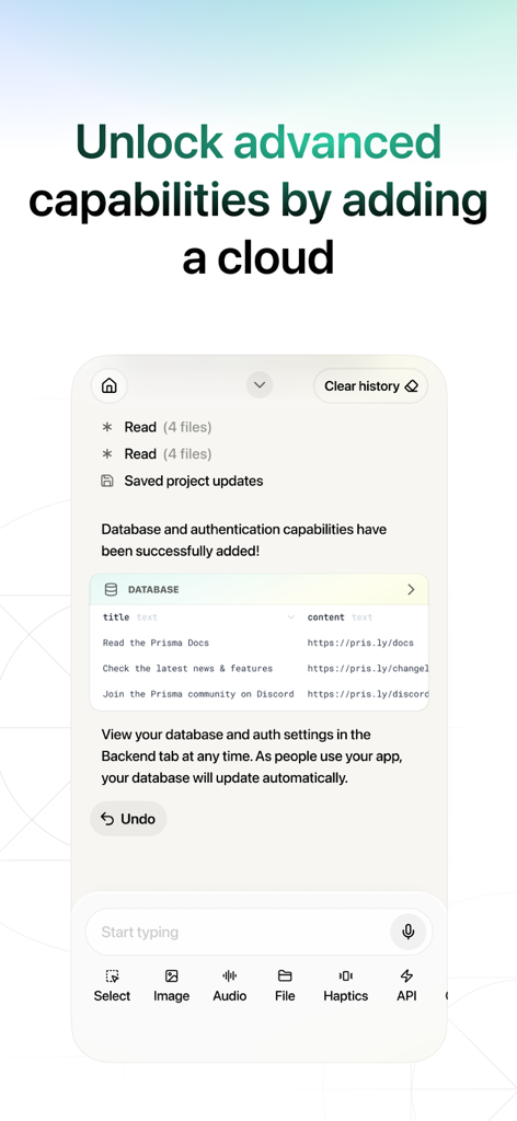 Vibecode AIアプリビルダーで、データベースと認証が正常にセットアップされたことを示すモバイルアプリインターフェース。