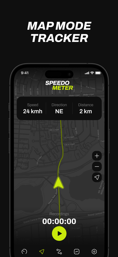 Tela do iPhone exibindo o Modo Mapa do Tracker de um aplicativo de velocímetro GPS com velocidade ao vivo e dados de direção em um mapa escuro