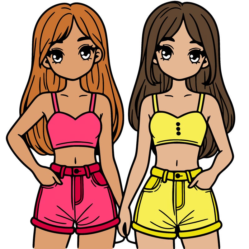 two sisters with crop tops and jean shorts and straight hair