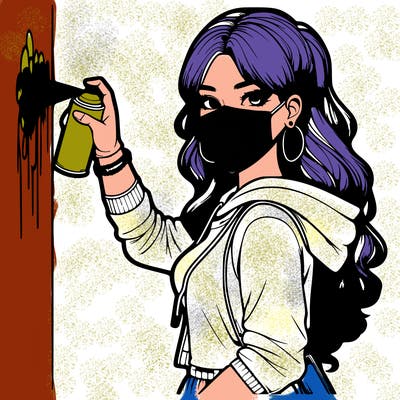 realistic girl with mask spray painting a wall