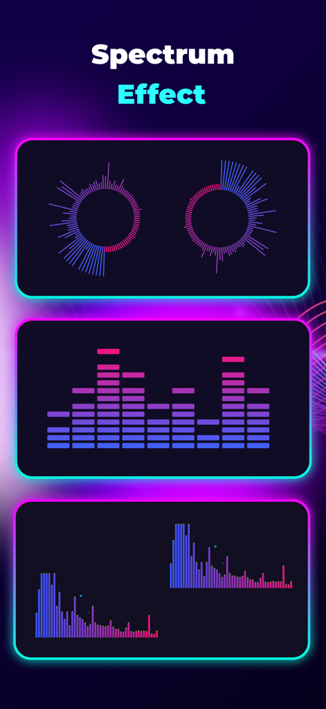 Visualizador de música que muestra tres efectos de espectro de sonido diferentes en azul neón y púrpura.