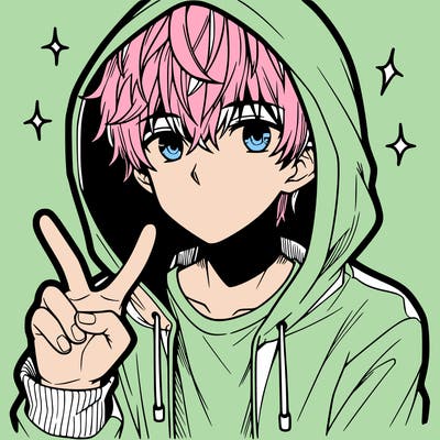 teenage manga boy in a hoodie, doing ✌