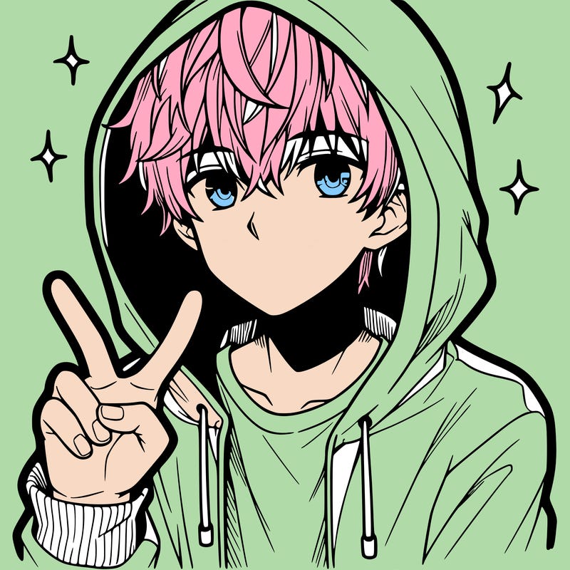 teenage manga boy in a hoodie, doing ✌