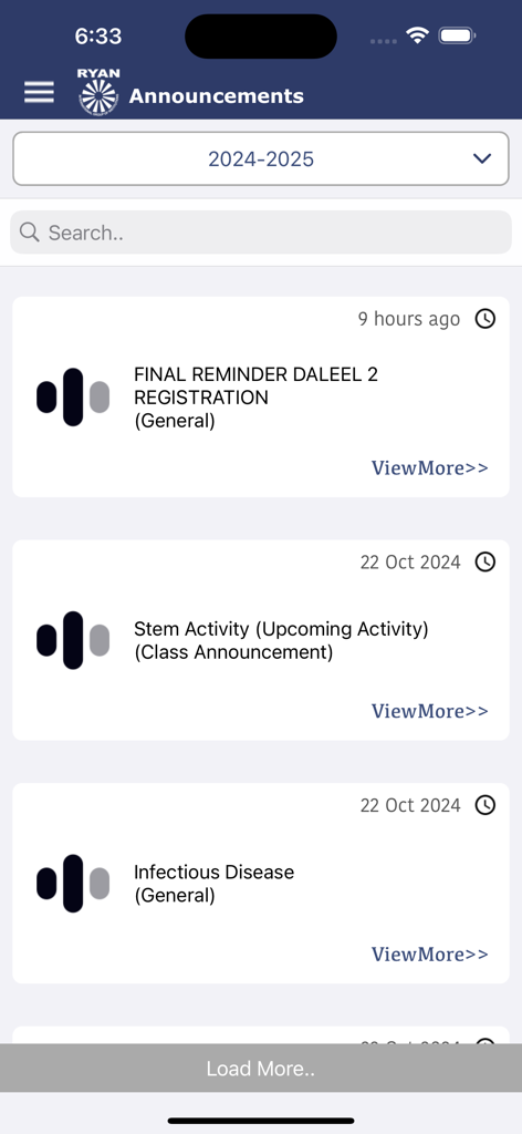 Ryan Parent Portal - School announcements screen in the Ryan Parent Portal app showing notifications and activity reminders for parents