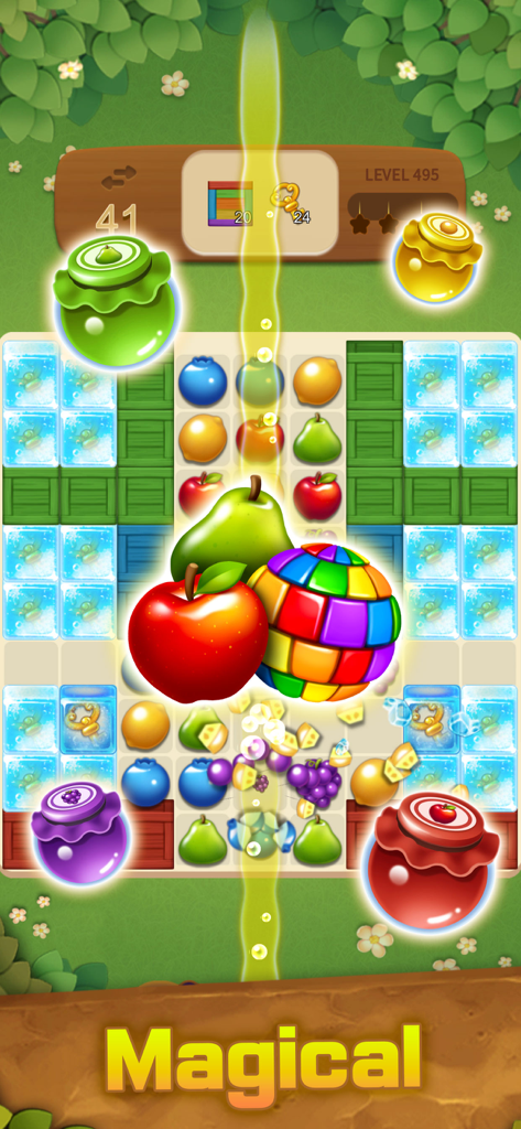 Fruits Magic : Match 3 Puzzle - Pantalla de jugabilidad del puzzle de combinar 3 Fruits Magic mostrando coloridas fichas de frutas y efectos especiales de potenciadores.